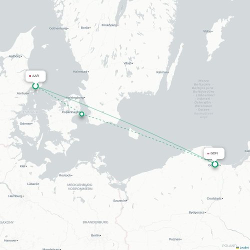Mapa lotu bezpośredniego Aarhus – Gdańsk