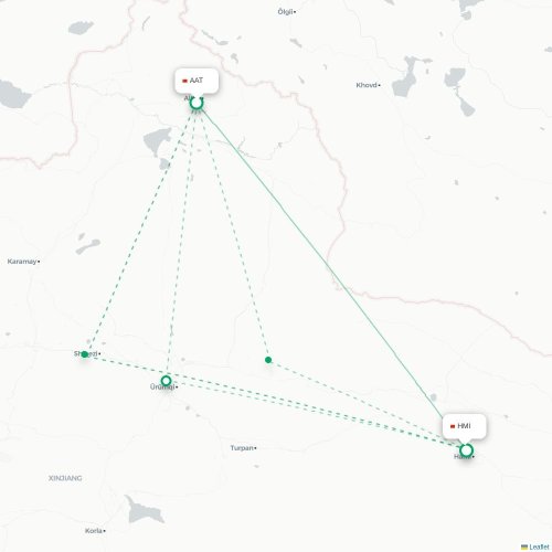Mapa lotu bezpośredniego Altay – Hami