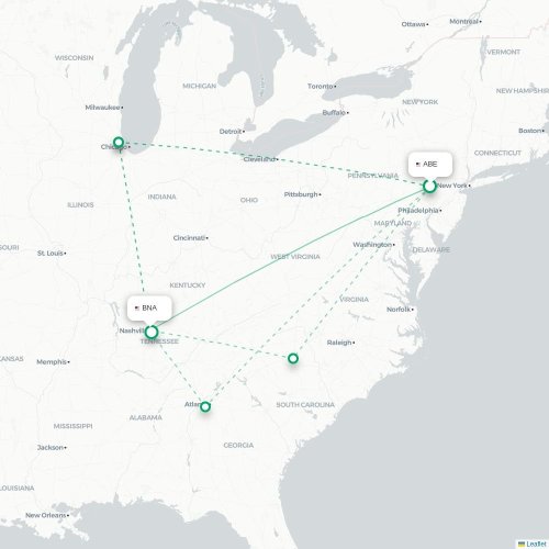 Mapa lotu bezpośredniego Allentown – Nashville