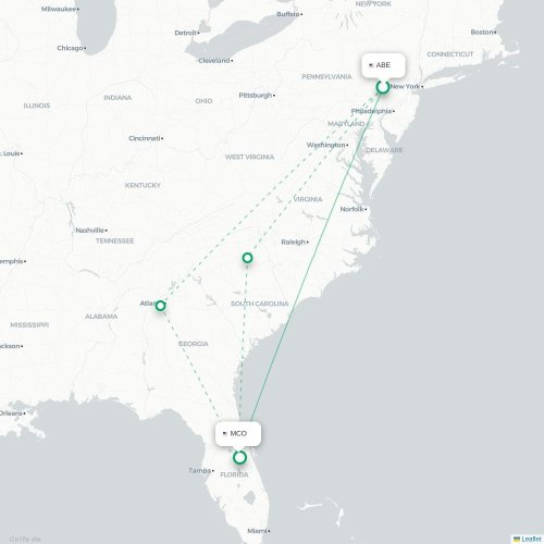 Mapa lotu bezpośredniego Allentown – Orlando