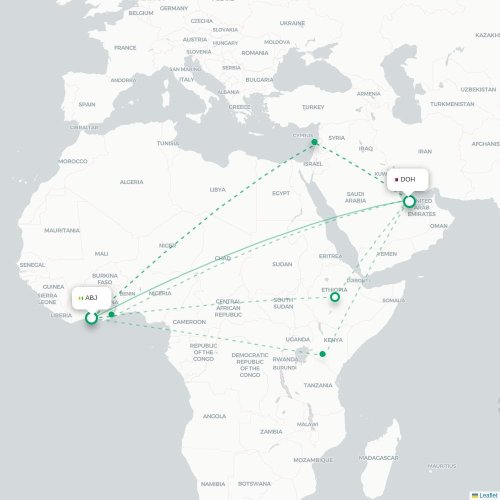 Mapa de vuelo directo Abiyán - Doha