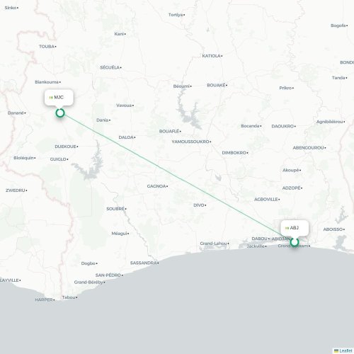 Mapa de vuelo directo Abiyán - Man