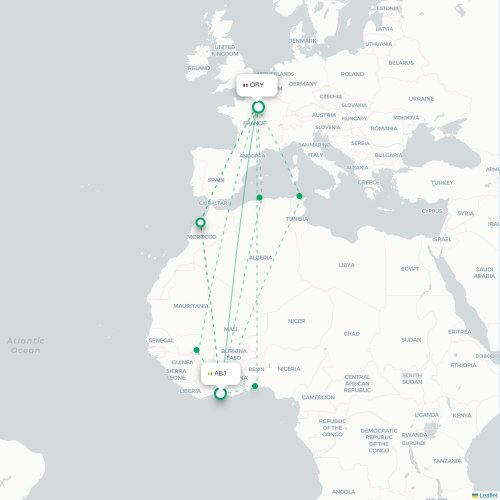 Mapa de vuelo directo Abiyán - París