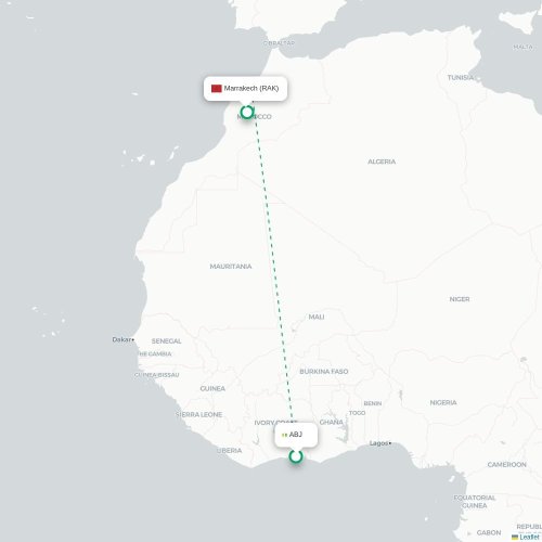 Mapa de vuelo directo Abiyán - Marrakech