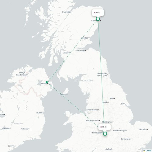 Mapa de vuelo directo Aberdeen - Birmingham