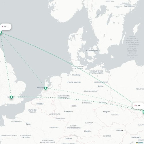 Mapa de vuelo directo Aberdeen - Cracovia