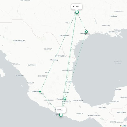 Mapa lotu bezpośredniego Acapulco – Dallas