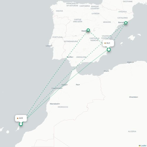 Mapa de vuelo directo Arrecife - Alicante