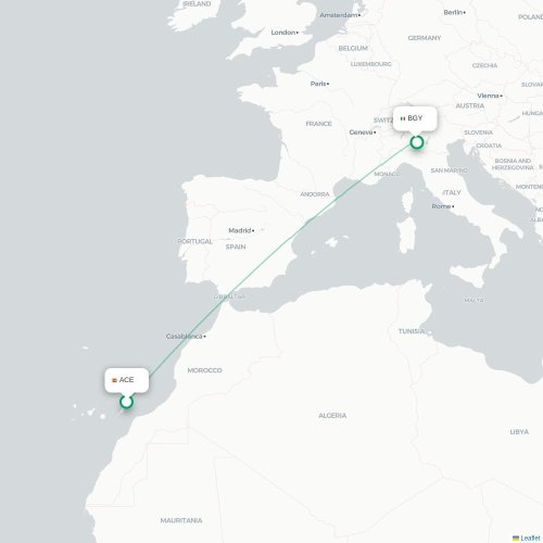 Mapa de vuelo directo Arrecife - Bérgamo