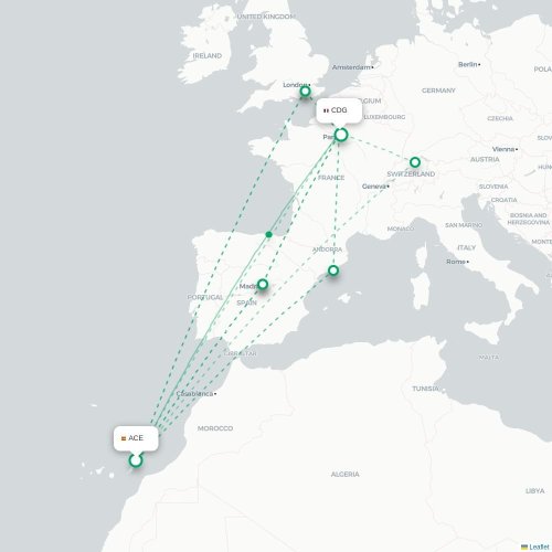 Mapa de vuelo directo Arrecife - París