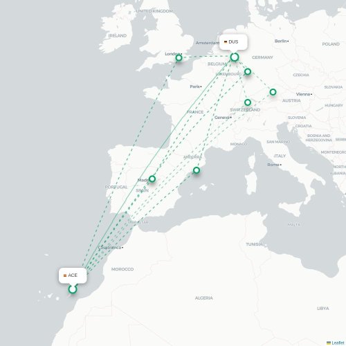 Mapa de vuelo directo Arrecife - Düsseldorf