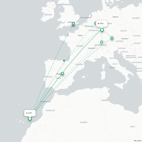 Mapa de vuelo directo Arrecife - Fráncfort