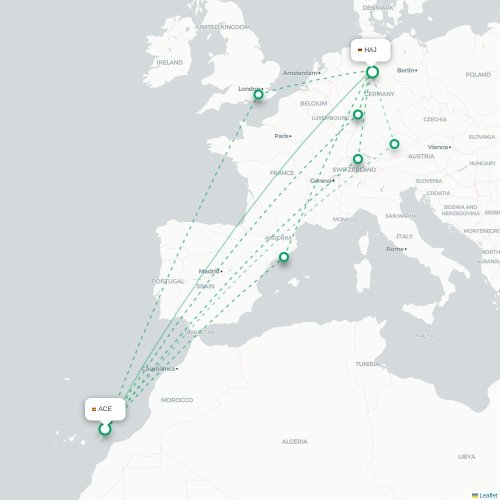 Mapa de vuelo directo Arrecife - Hannover
