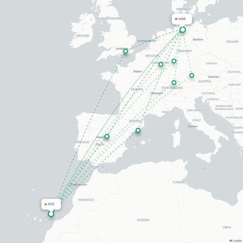 Mapa de vuelo directo Arrecife - Hamburgo