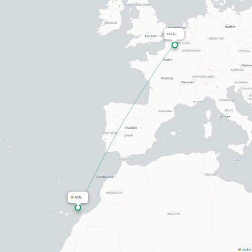 Mapa de vuelo directo Arrecife - Lille