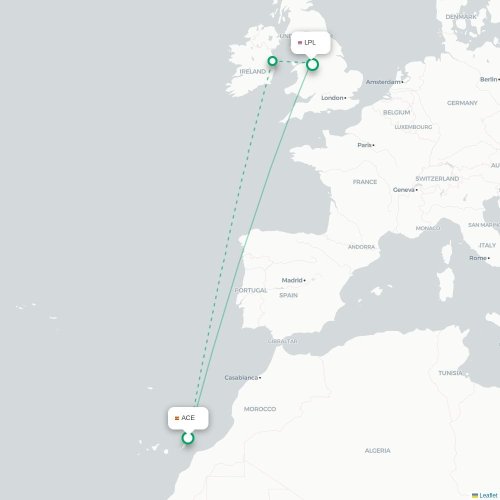 Arrecife - Liverpool carte du vol direct