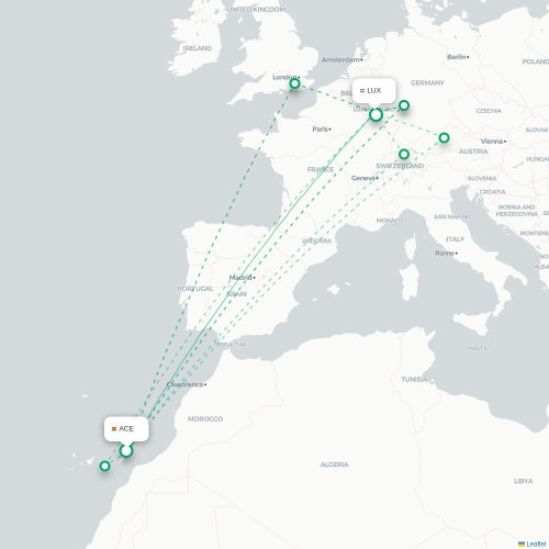 Mapa de vuelo directo Arrecife - Luxemburgo