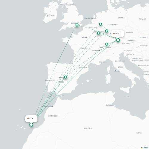 Mapa de vuelo directo Arrecife - Múnich