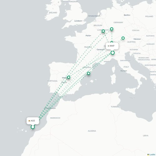 Mapa de vuelo directo Arrecife - Milán