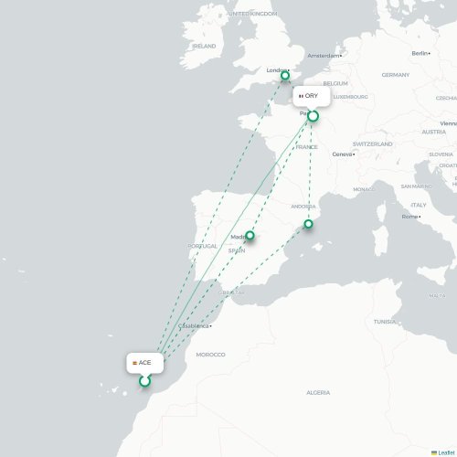 Mapa de vuelo directo Arrecife - París