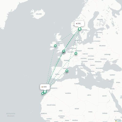 Mapa de vuelo directo Arrecife - Oslo