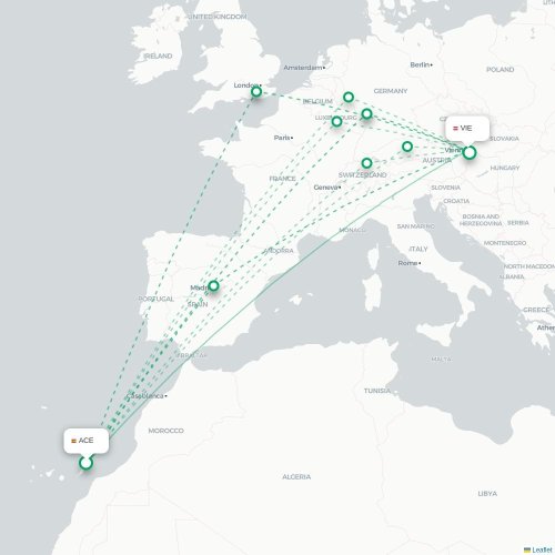Mapa de vuelo directo Arrecife - Viena