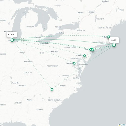 Mapa de vuelo directo Nantucket - Chicago