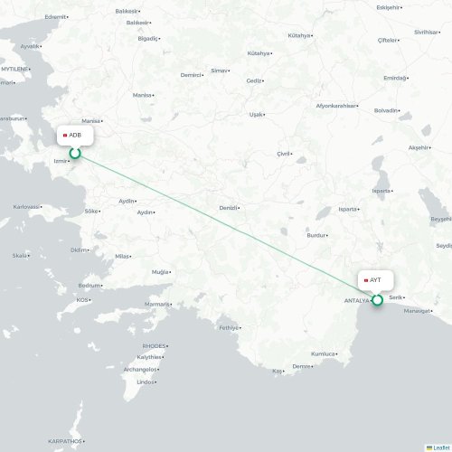 Mapa de vuelo directo Esmirna - Antalya