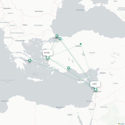 Mapa lotu bezpośredniego Izmir – Bejrut