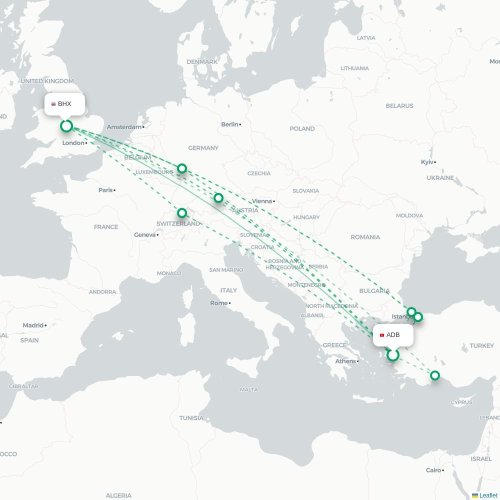 Mapa de vuelo directo Esmirna - Birmingham