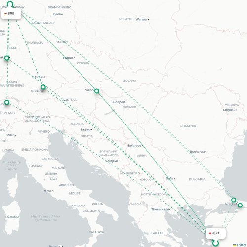 Mapa de vuelo directo Esmirna - Bremen
