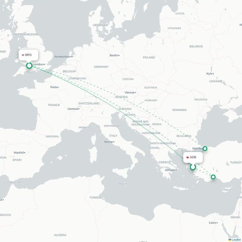 Mapa de vuelo directo Esmirna - Brístol