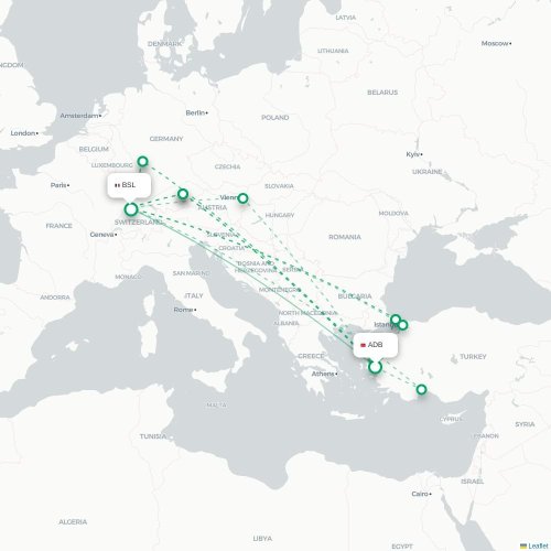 Mapa de vuelo directo Esmirna - Basilea, Suiza