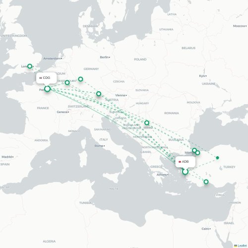 Mapa de vuelo directo Esmirna - París