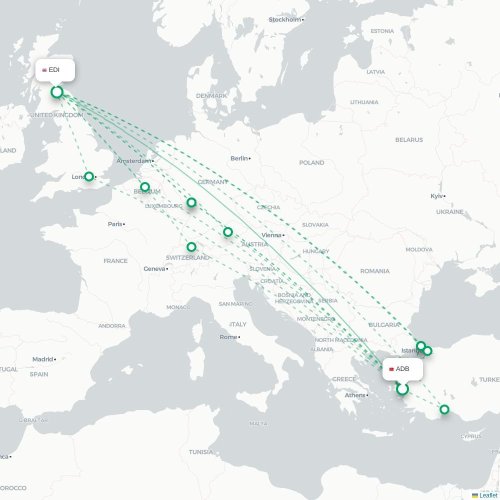 Mapa de vuelo directo Esmirna - Edimburgo