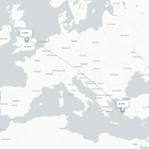 Mapa de vuelo directo Esmirna - Nottingham