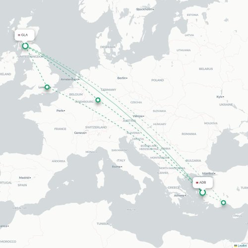 Mapa de vuelo directo Esmirna - Glasgow