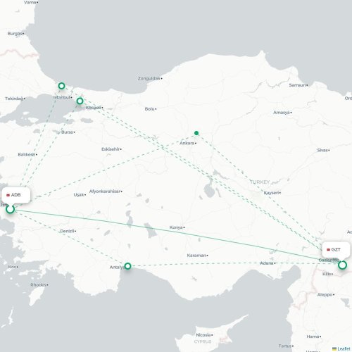 Mapa de vuelo directo Esmirna - Gaziantep