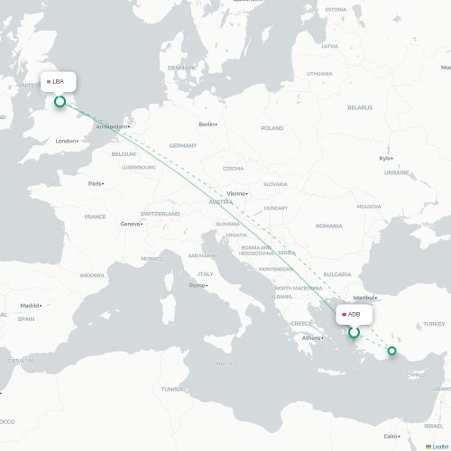 Mapa de vuelo directo Esmirna - Leeds, Condado de Yorkshire del Oeste