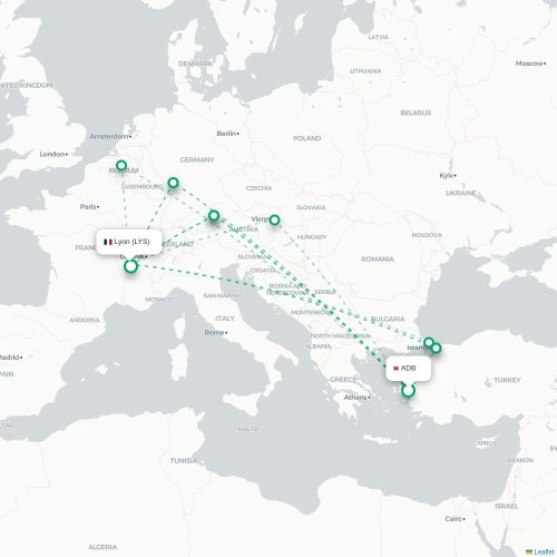 Mapa de vuelo directo Esmirna - Lyon