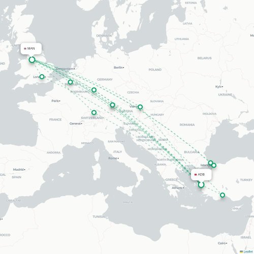 Mapa de vuelo directo Esmirna - Mánchester