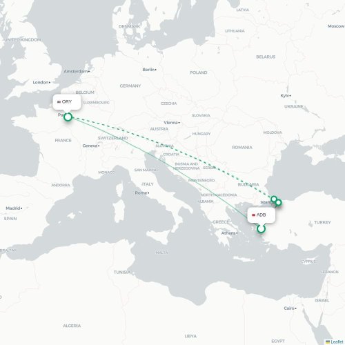 Mapa de vuelo directo Esmirna - París