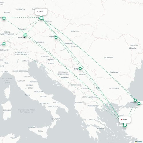 Mapa lotu bezpośredniego Izmir – Praga