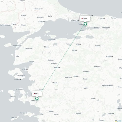 Mapa de vuelo directo Esmirna - Estambul