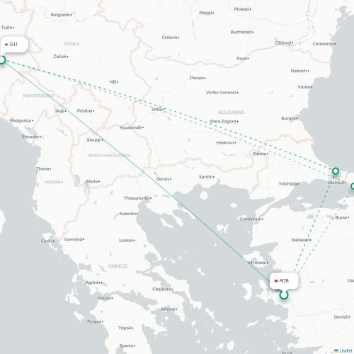 Mapa de vuelo directo Esmirna - Sarajevo