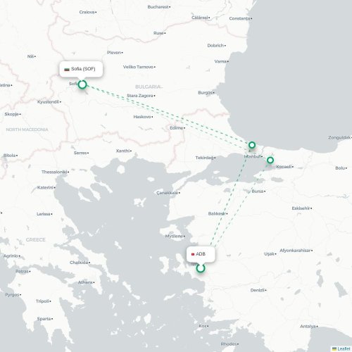 Mapa de vuelo directo Esmirna - Sofía