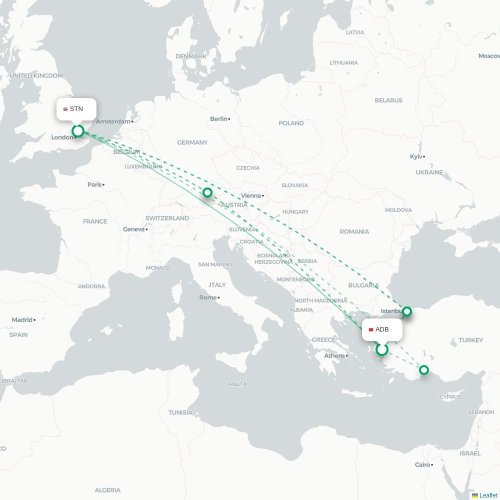 Mapa de vuelo directo Esmirna - Londres