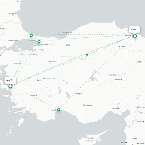 Mapa de vuelo directo Esmirna - Samsun