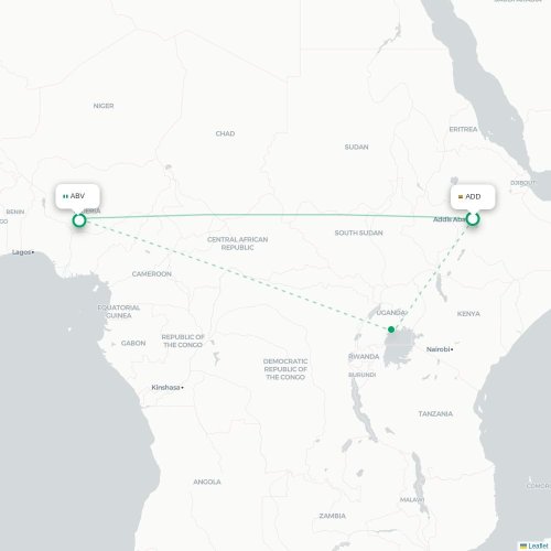 Addis Abeba - Abuja kaart van rechtstreekse vlucht