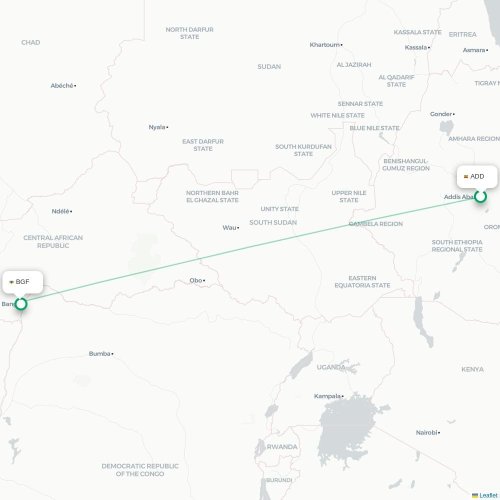 Addis Ababa - Bangui karta över direktflyg